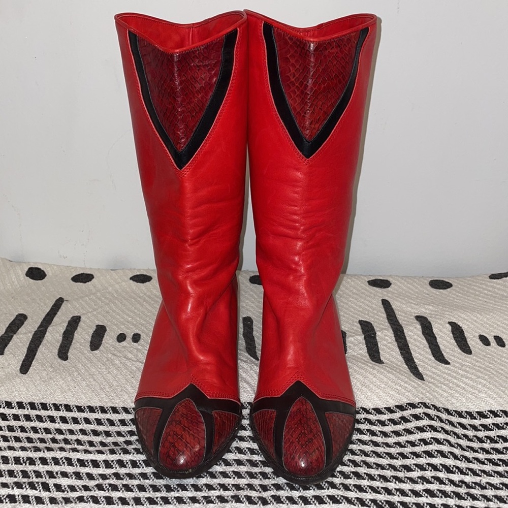 Andrew Geller | Italian Leather | Red & Black Snakeskin 🐍 Womens Boots